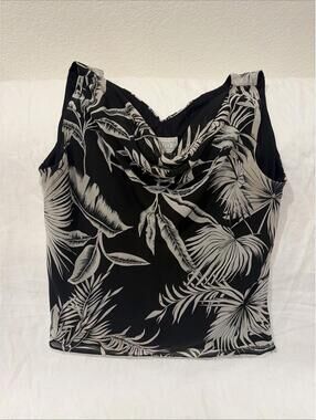 Studio C Black & Tan Leaf Print DRAPED Sleeveless Sheer Lined Tank Top Sz 10